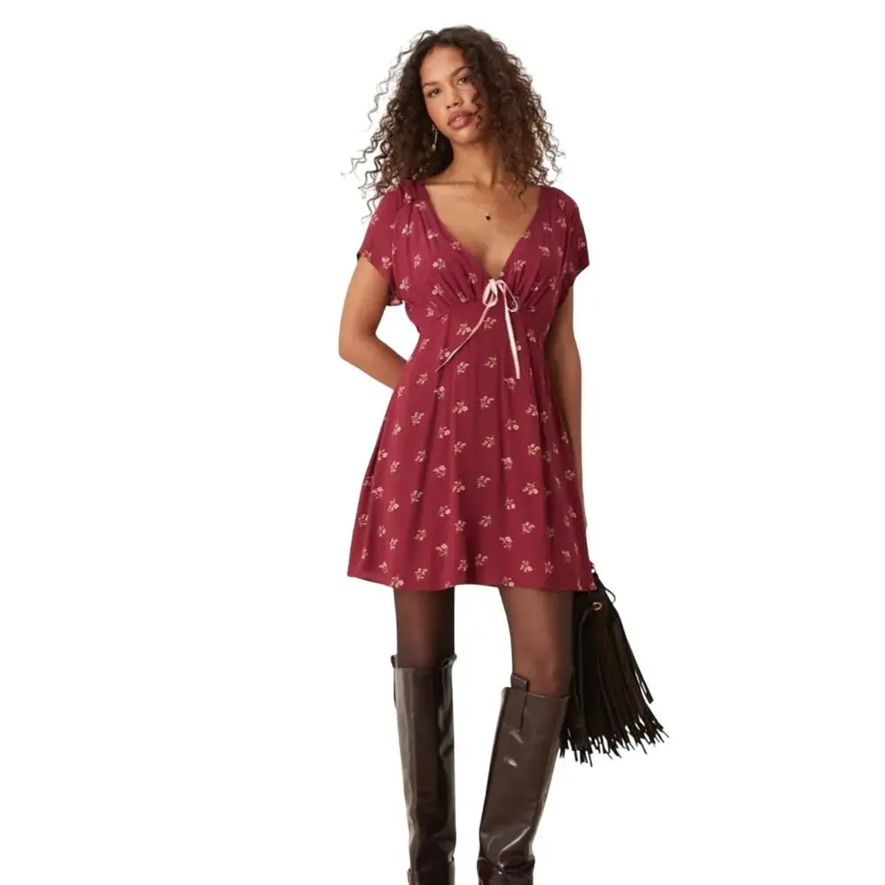 Free People FP tie-detail mini floral tea dress in raspberry Size S